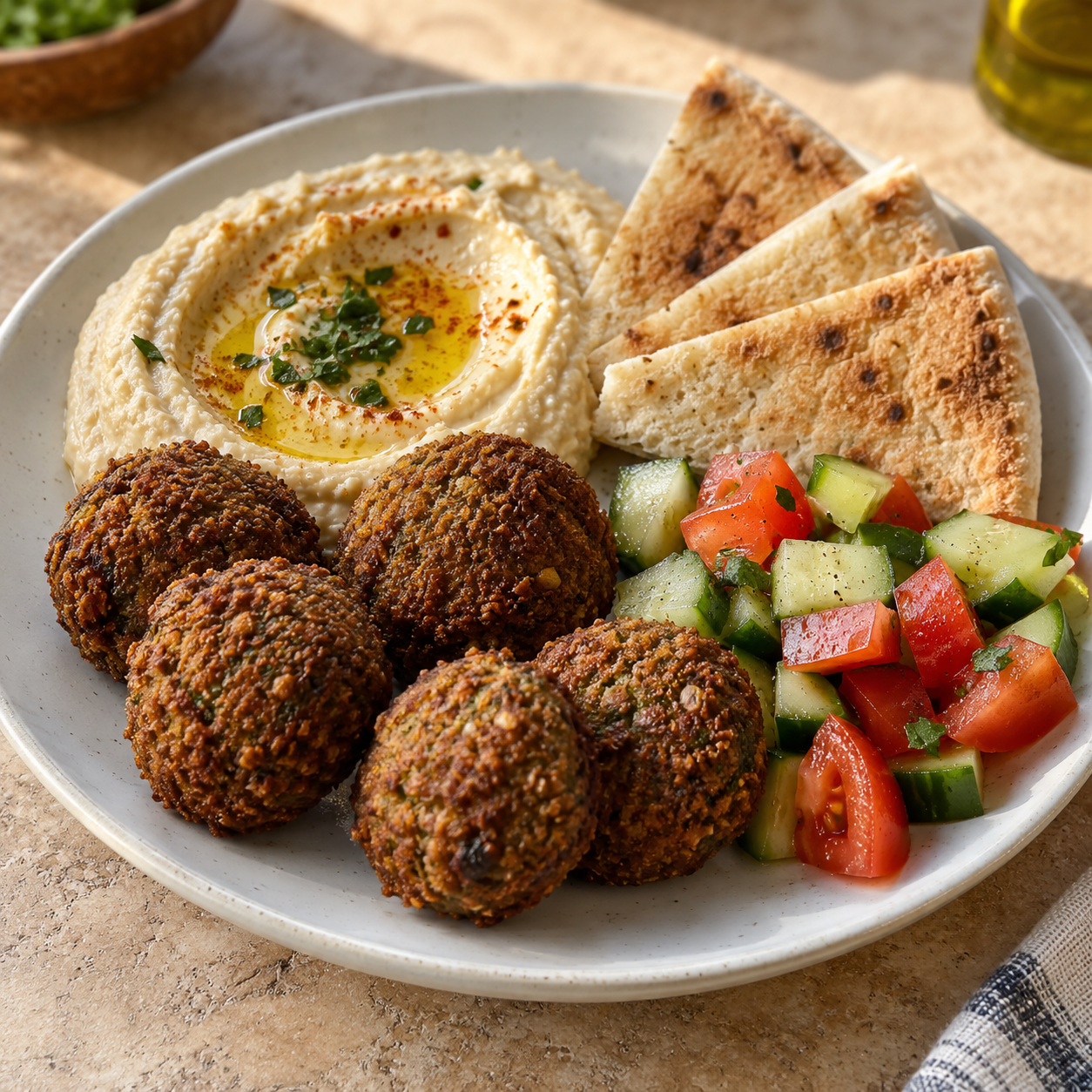 Falafel, hummus, pita, and chopped salad