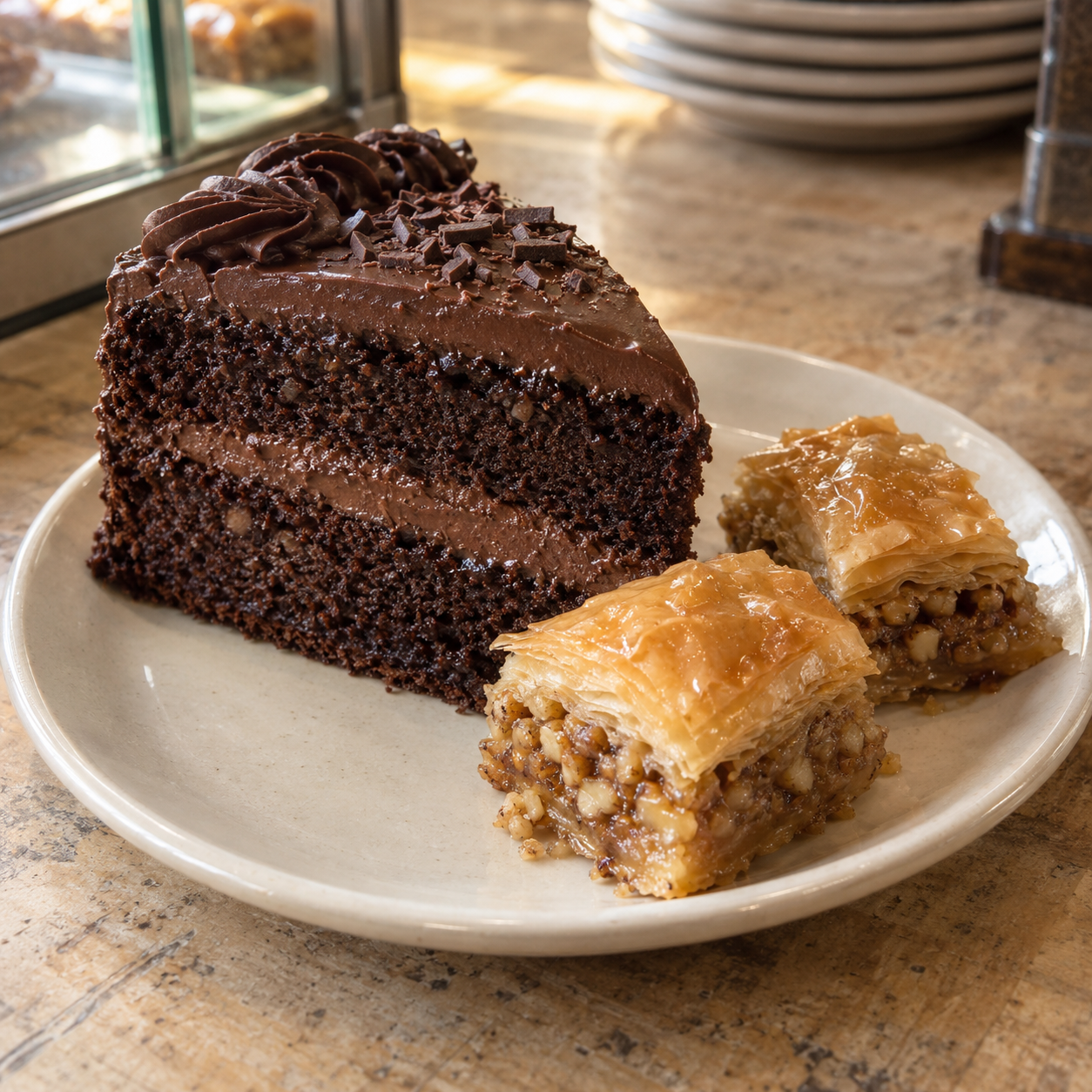 Chocolate cake and baklava