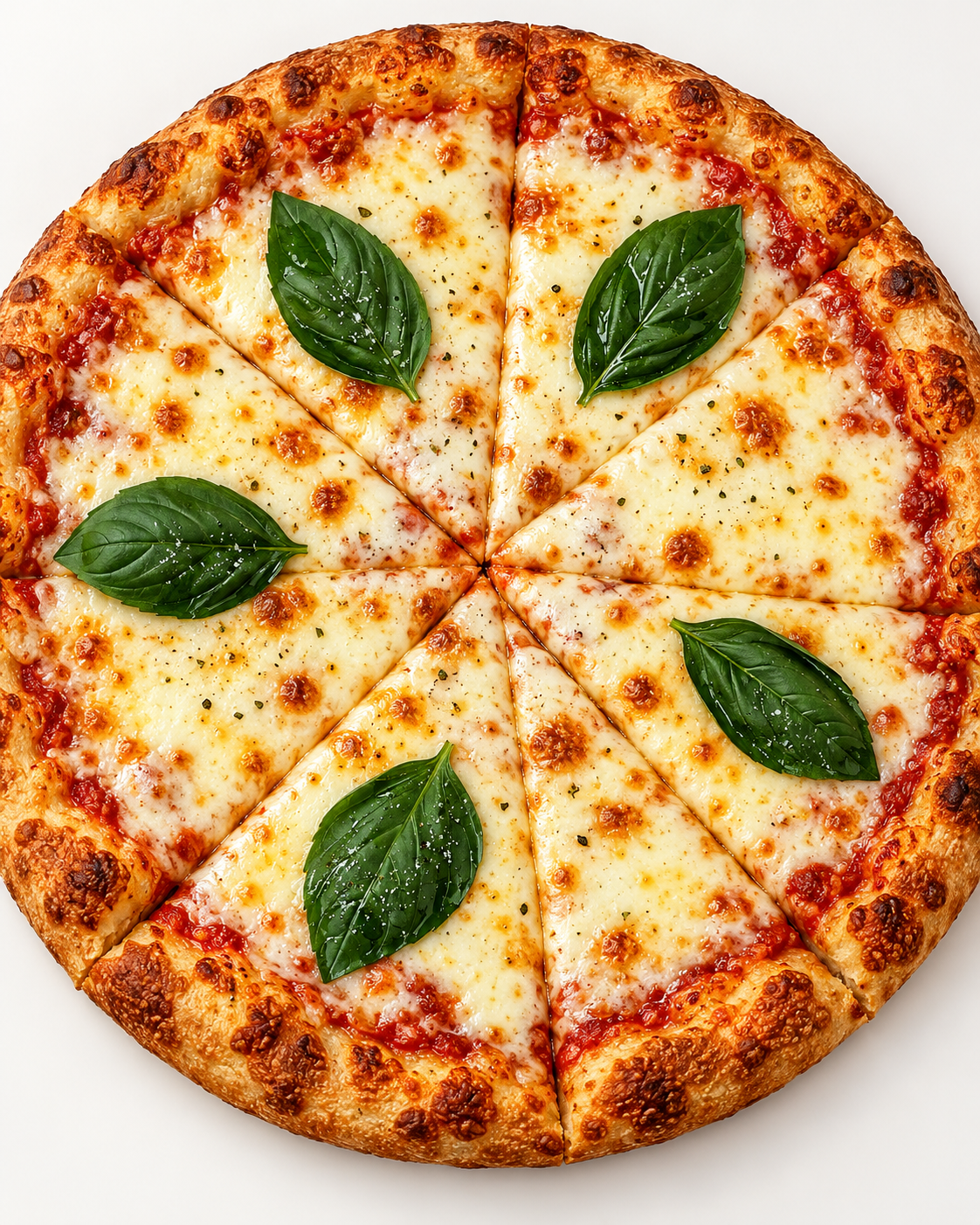 Margherita pizza topped with fresh basil, ready to share