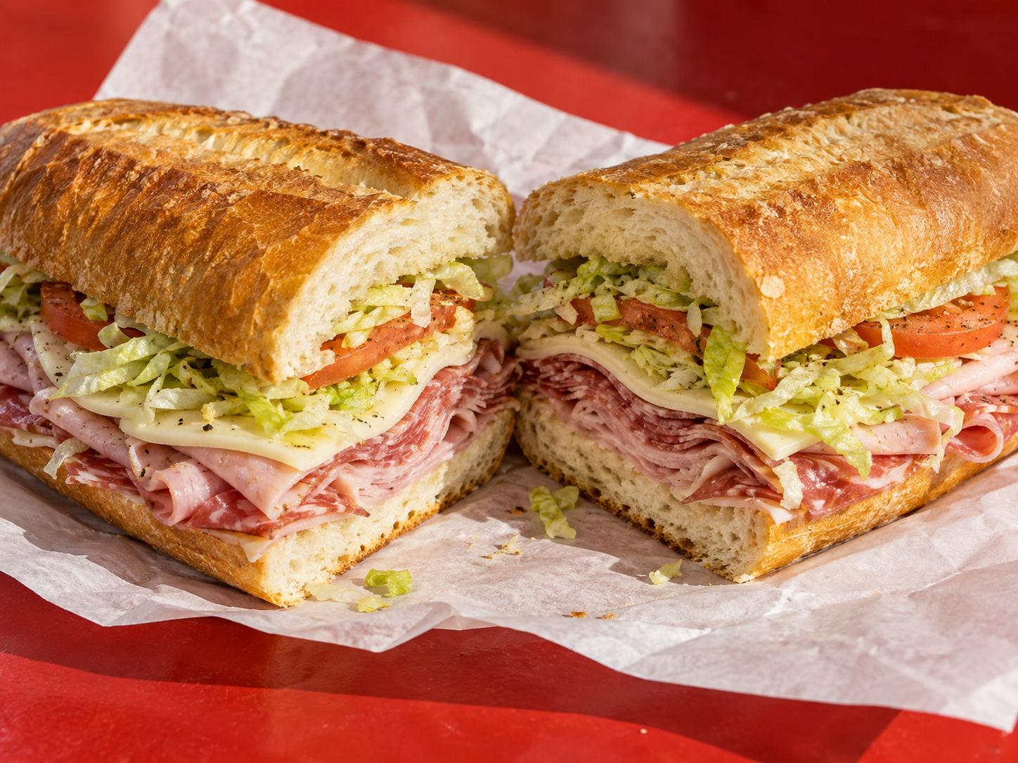 An Italian-style deli sub loaded with meats, cheese, and vegetables